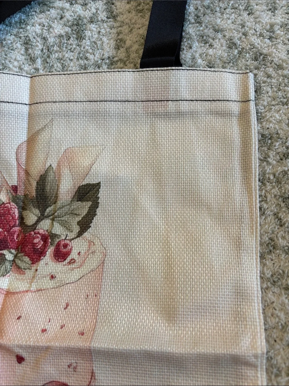 Pink Raspberry Cake Poly Canvas Tote Bag with Black Straps NWT 13.50x15.75”